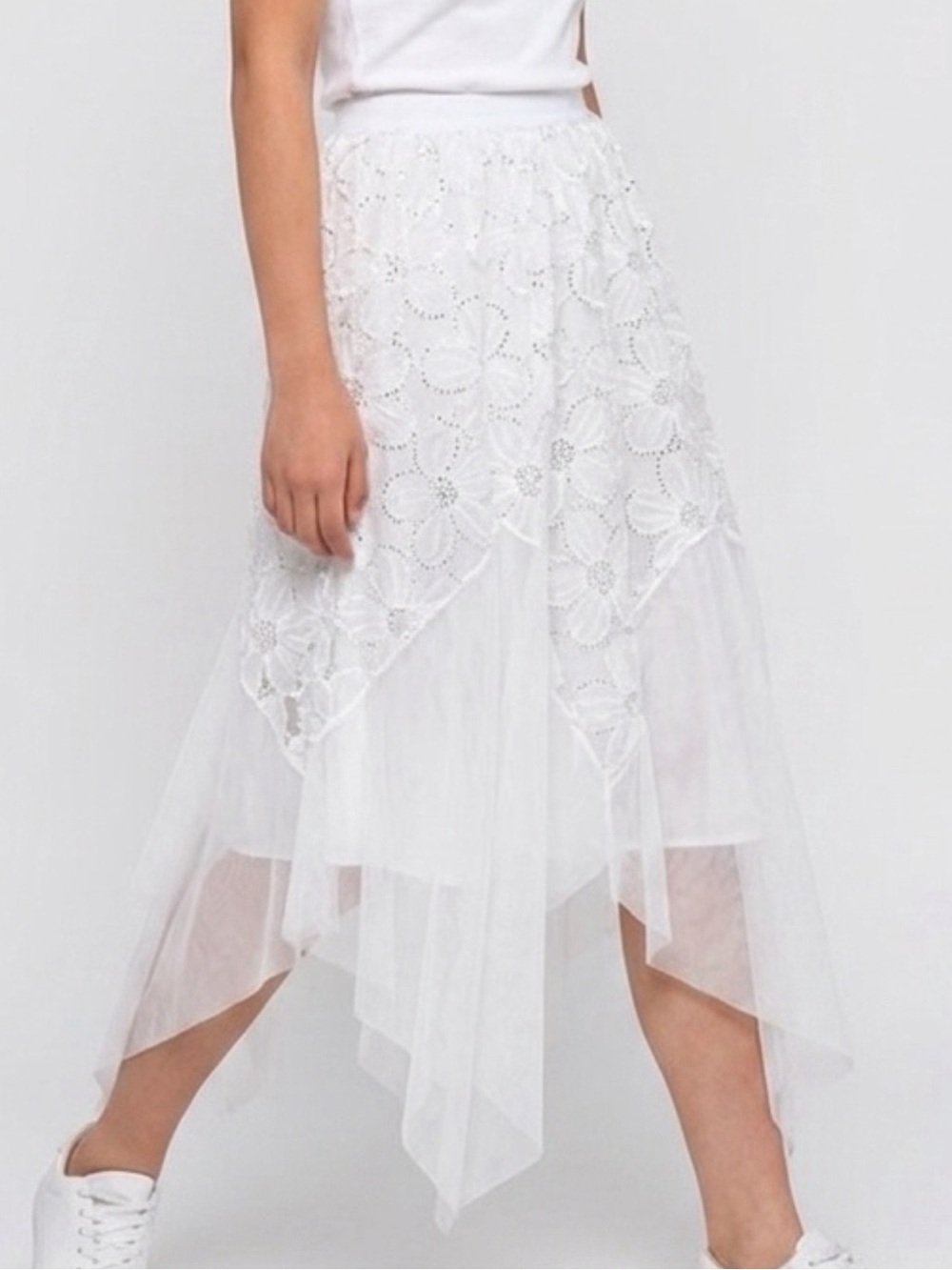 SooLinen White Sequin Flower Tulle Skirt High-Waist Flowy NWT